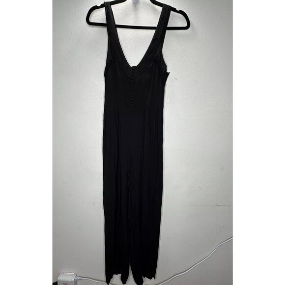 Taylor & Sage Black Semi-Sheer V Neck Button & Loop Front Wide Leg Jumpsuit S - Picture 3 of 16